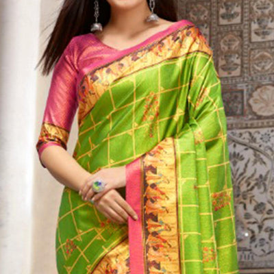 Hypnotic Green Colored Casual Wear Printed Silk Blend Saree With Tassels