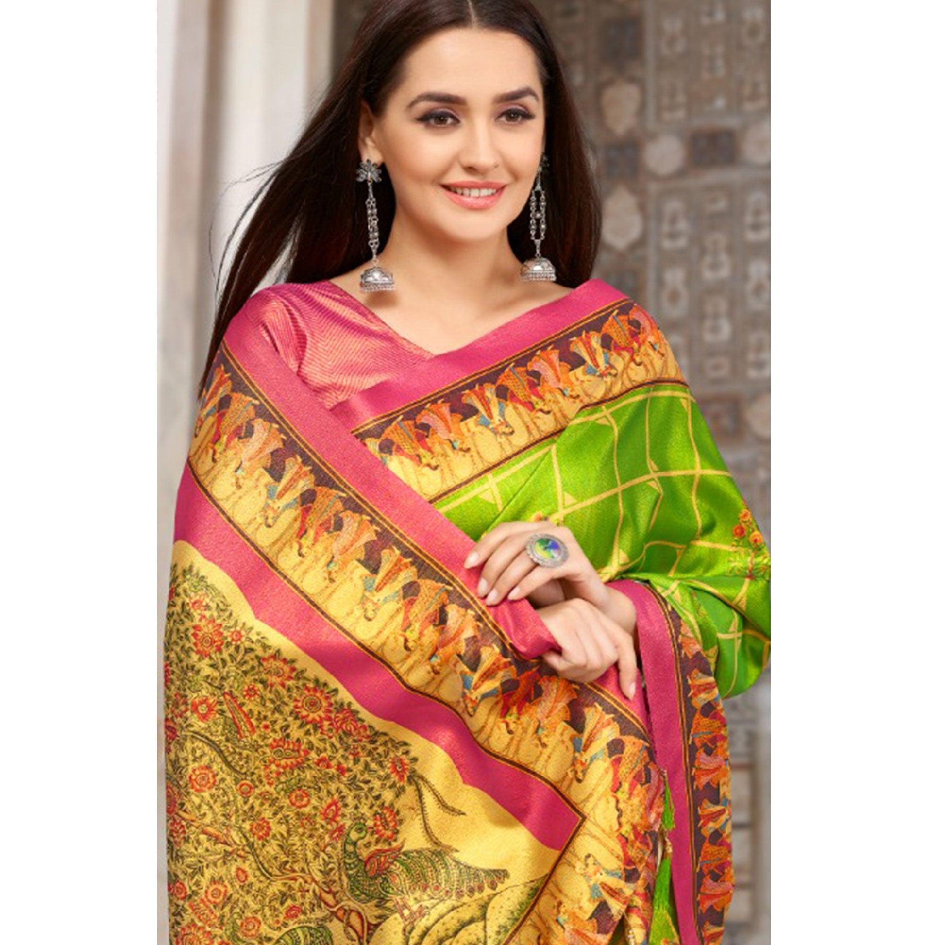 Hypnotic Green Colored Casual Wear Printed Silk Blend Saree With Tassels