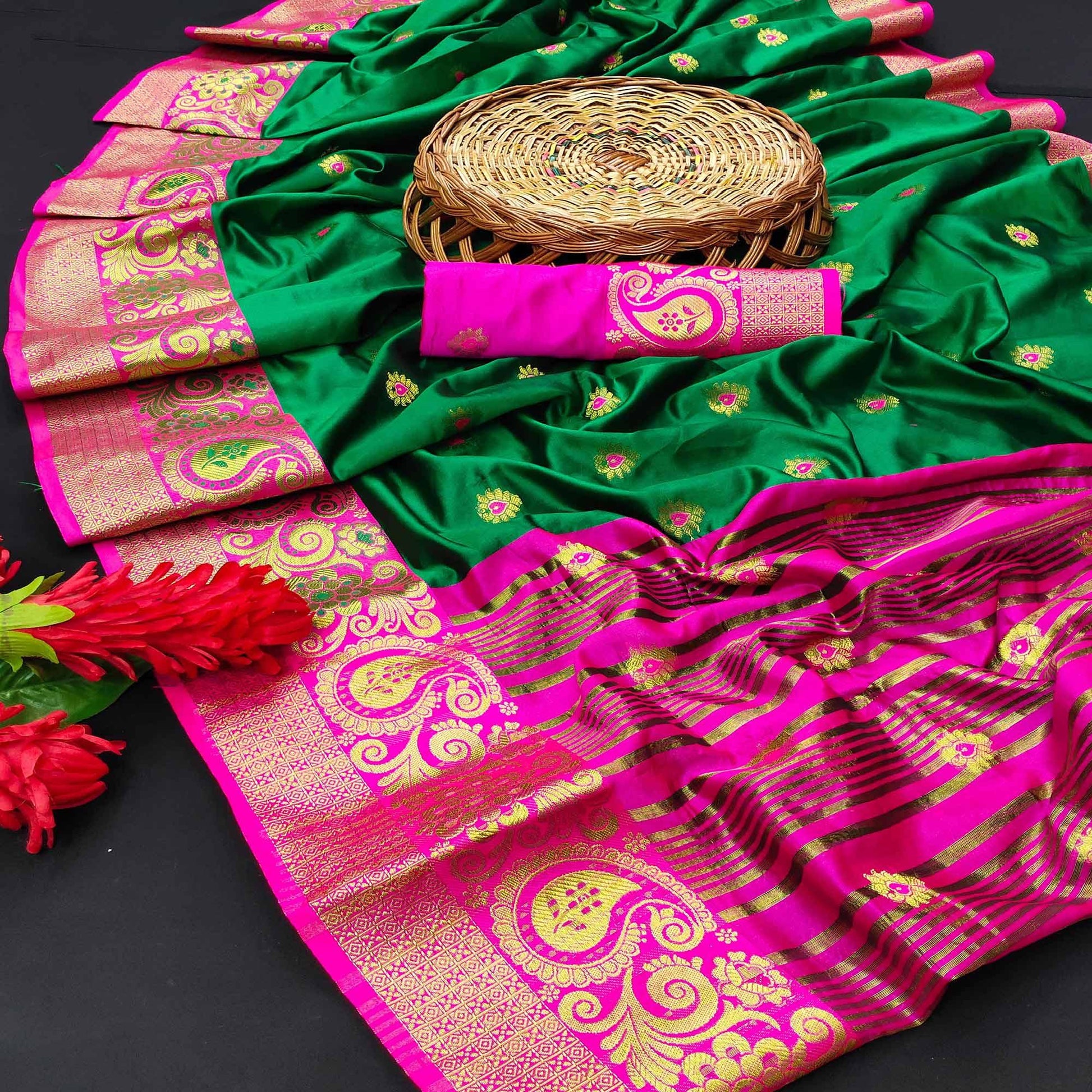 Hypnotic Green Colored Festive Wear Woven Kanjivaram Silk Saree