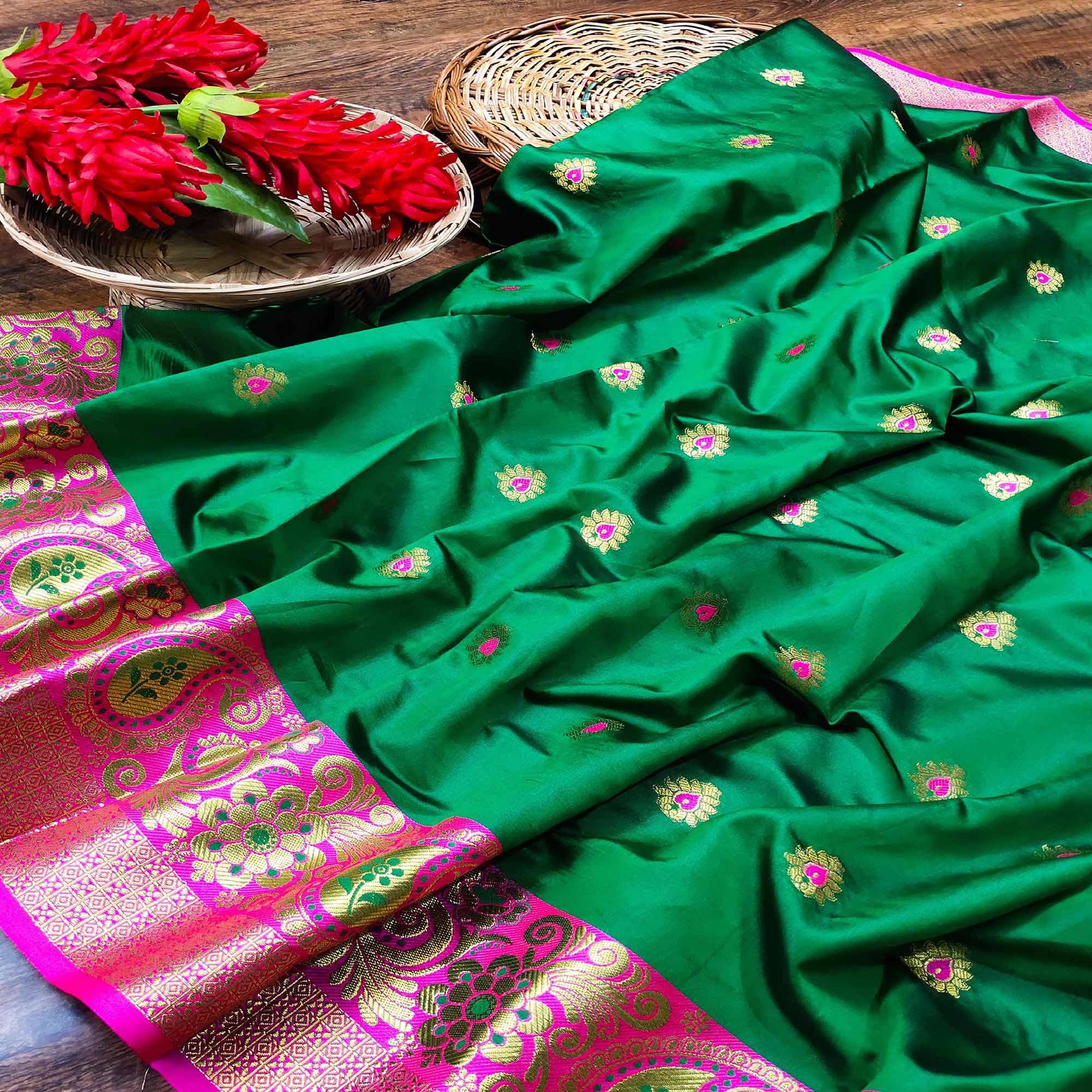 Hypnotic Green Colored Festive Wear Woven Kanjivaram Silk Saree