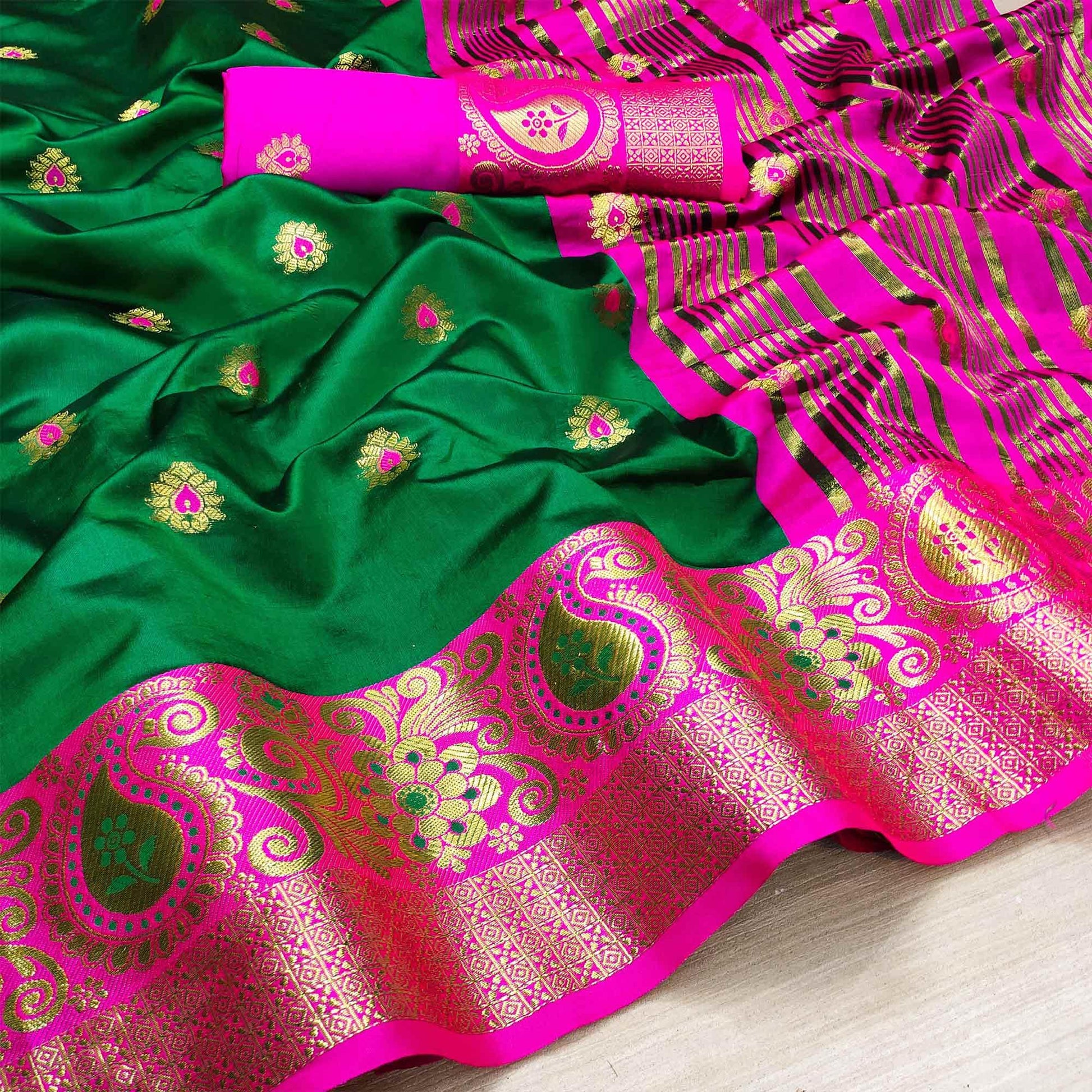 Hypnotic Green Colored Festive Wear Woven Kanjivaram Silk Saree