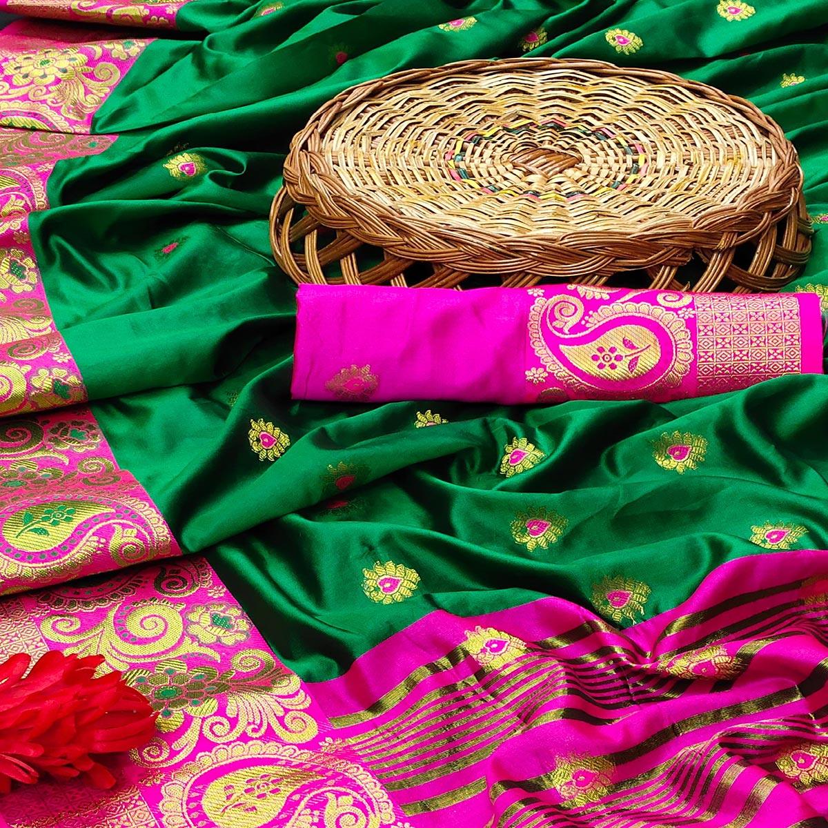 Hypnotic Green Colored Festive Wear Woven Kanjivaram Silk Saree