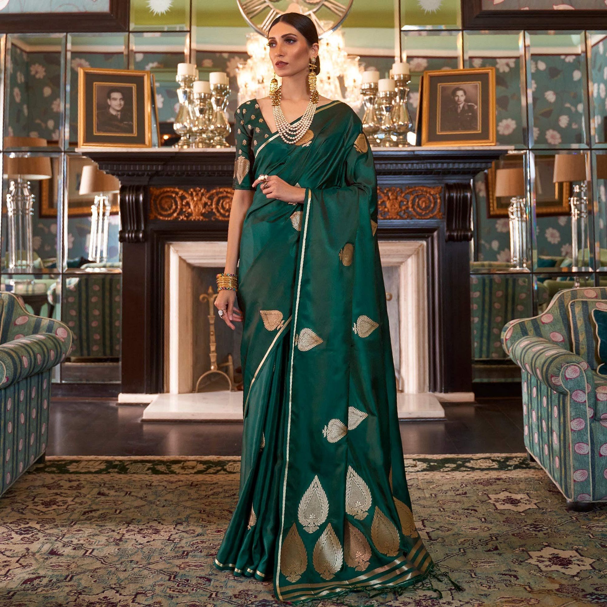 Hypnotic Green Colored Festive Wear Woven Pure Satin Silk Saree