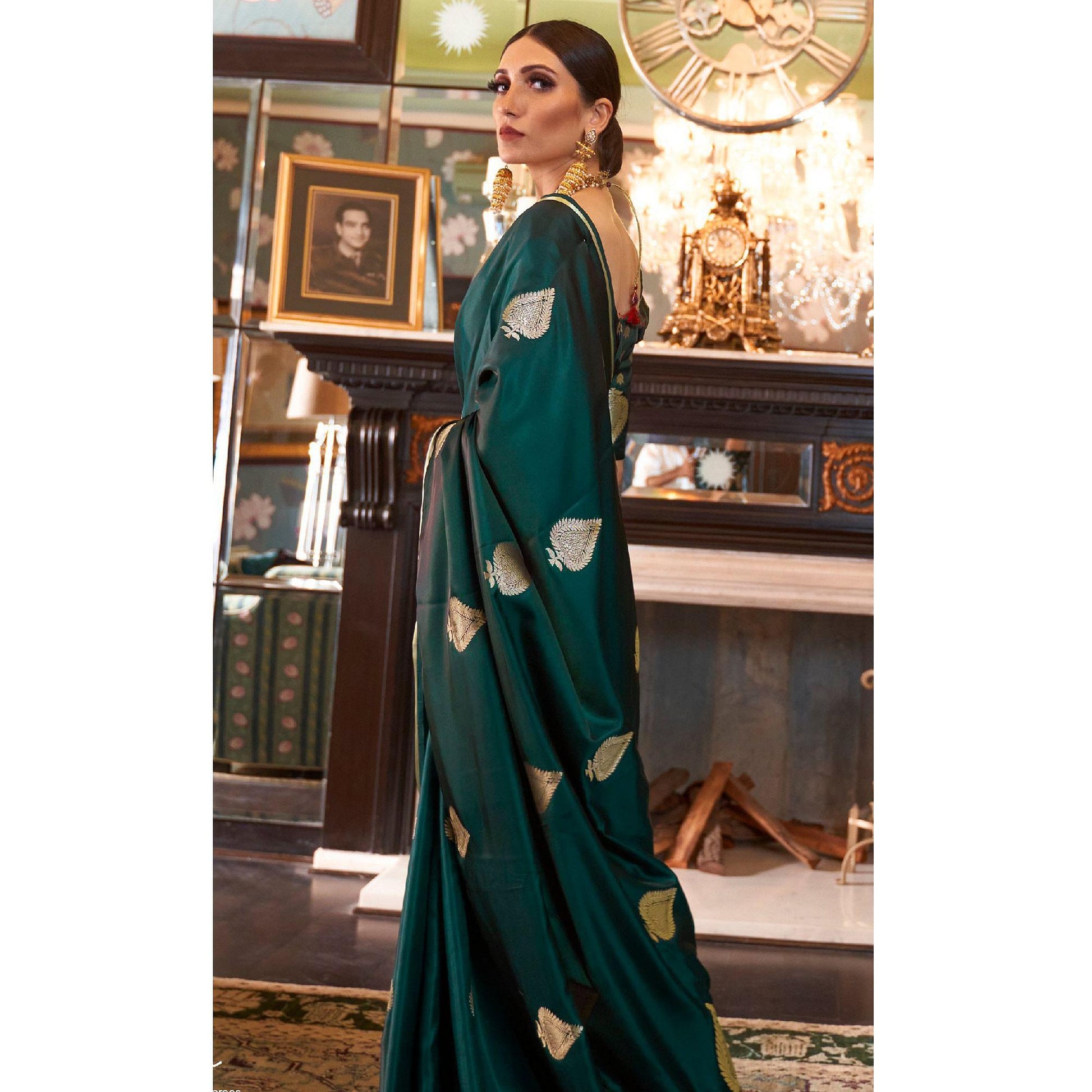 Hypnotic Green Colored Festive Wear Woven Pure Satin Silk Saree