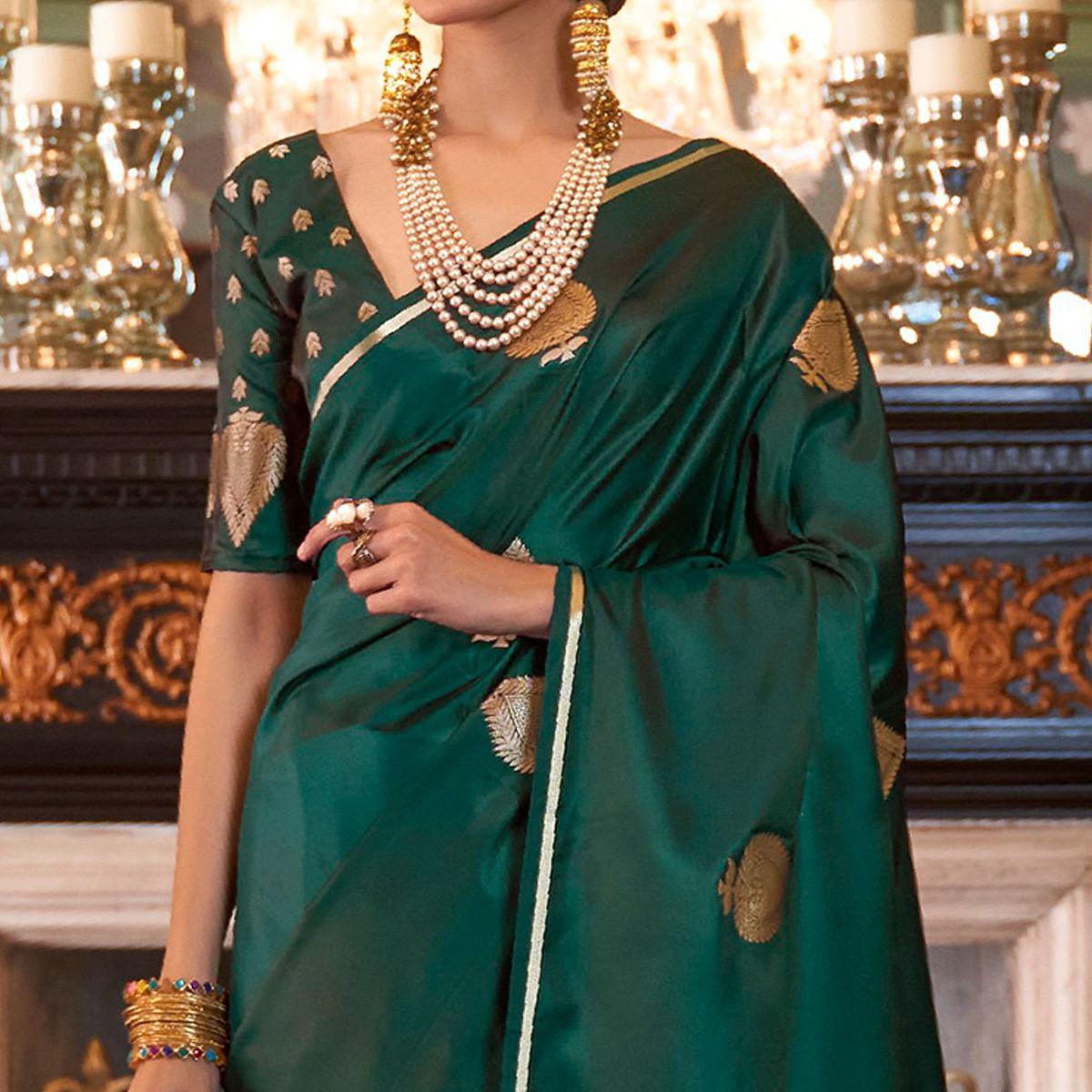 Hypnotic Green Colored Festive Wear Woven Pure Satin Silk Saree