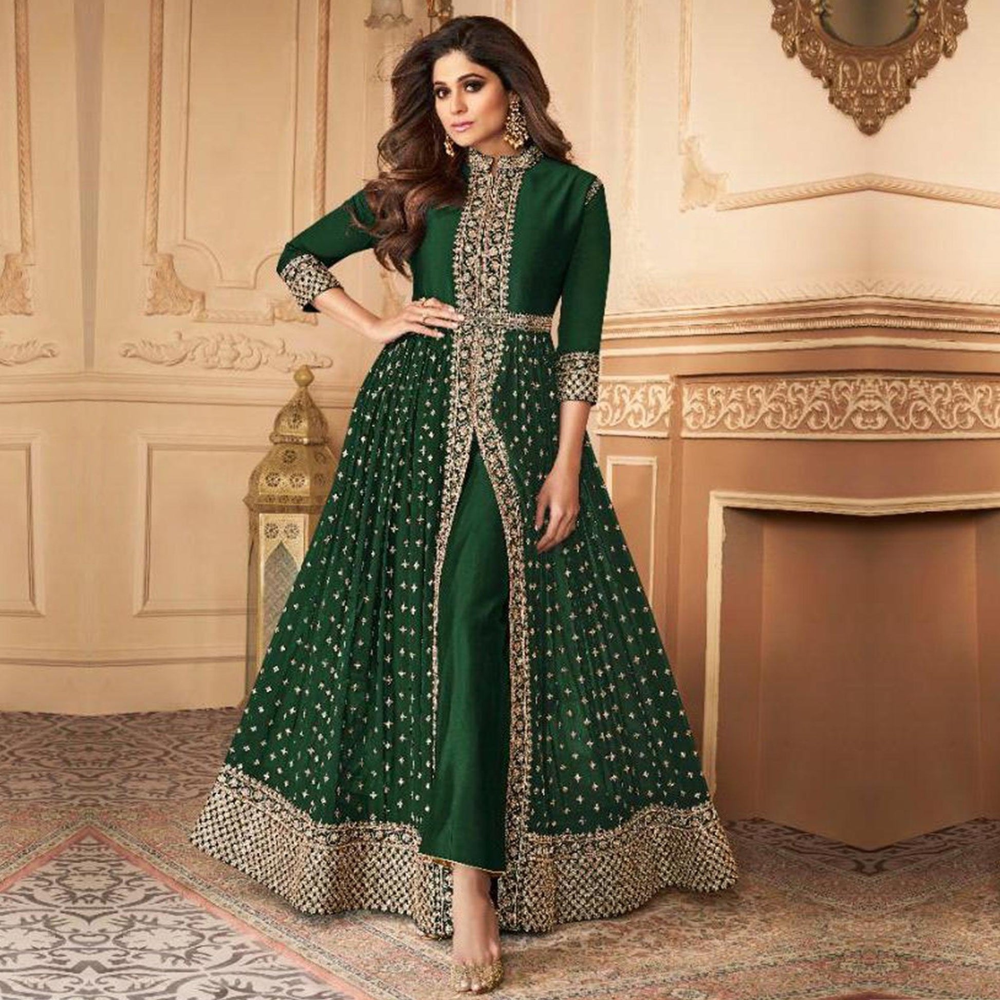 Hypnotic Green Colored Partywear Embroidered Faux Georgette Abaya Style anarkali  Suit
