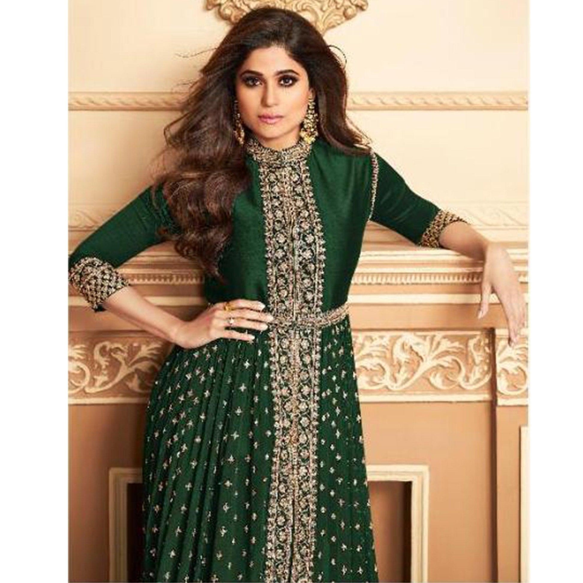 Hypnotic Green Colored Partywear Embroidered Faux Georgette Abaya Style anarkali  Suit