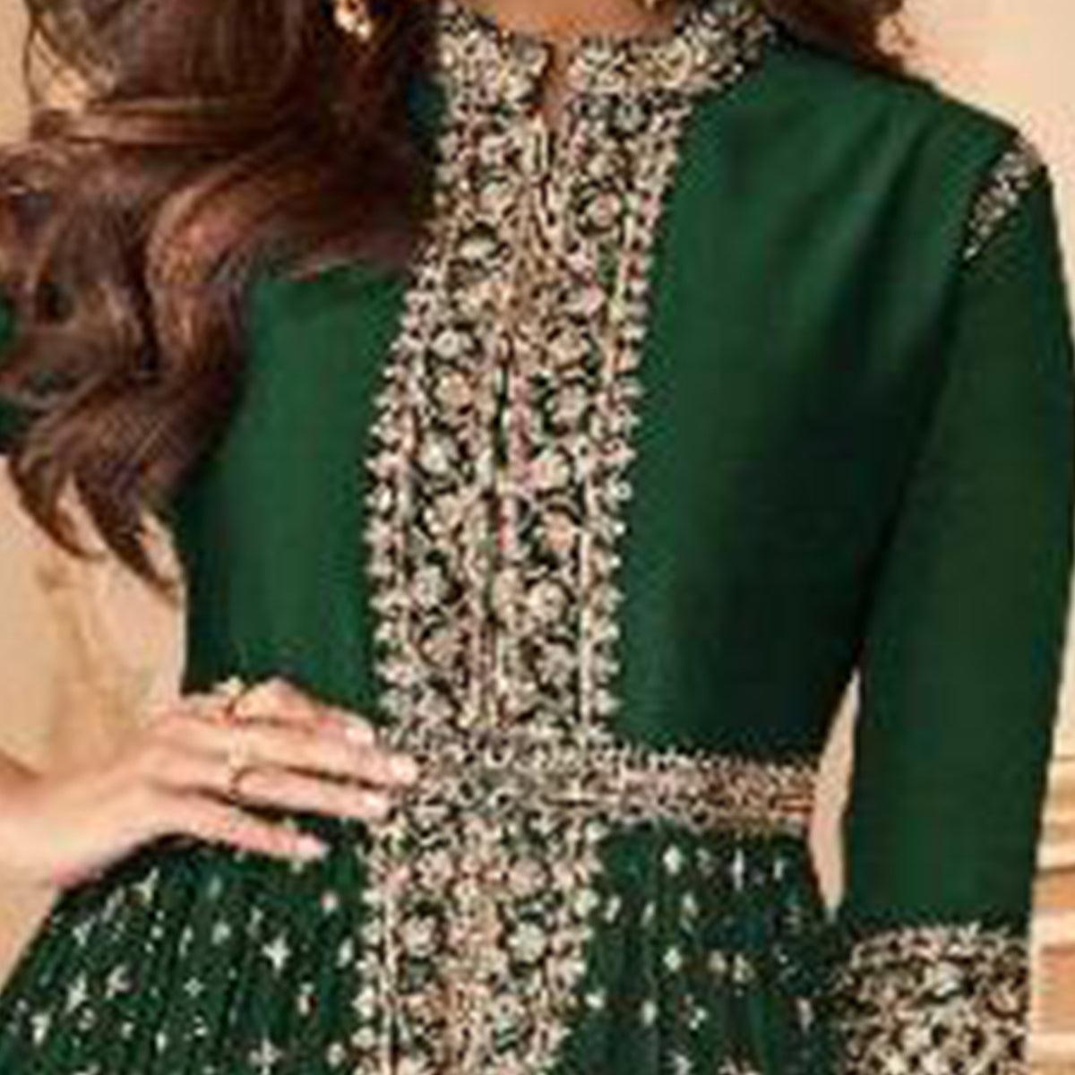Hypnotic Green Colored Partywear Embroidered Faux Georgette Abaya Style anarkali  Suit