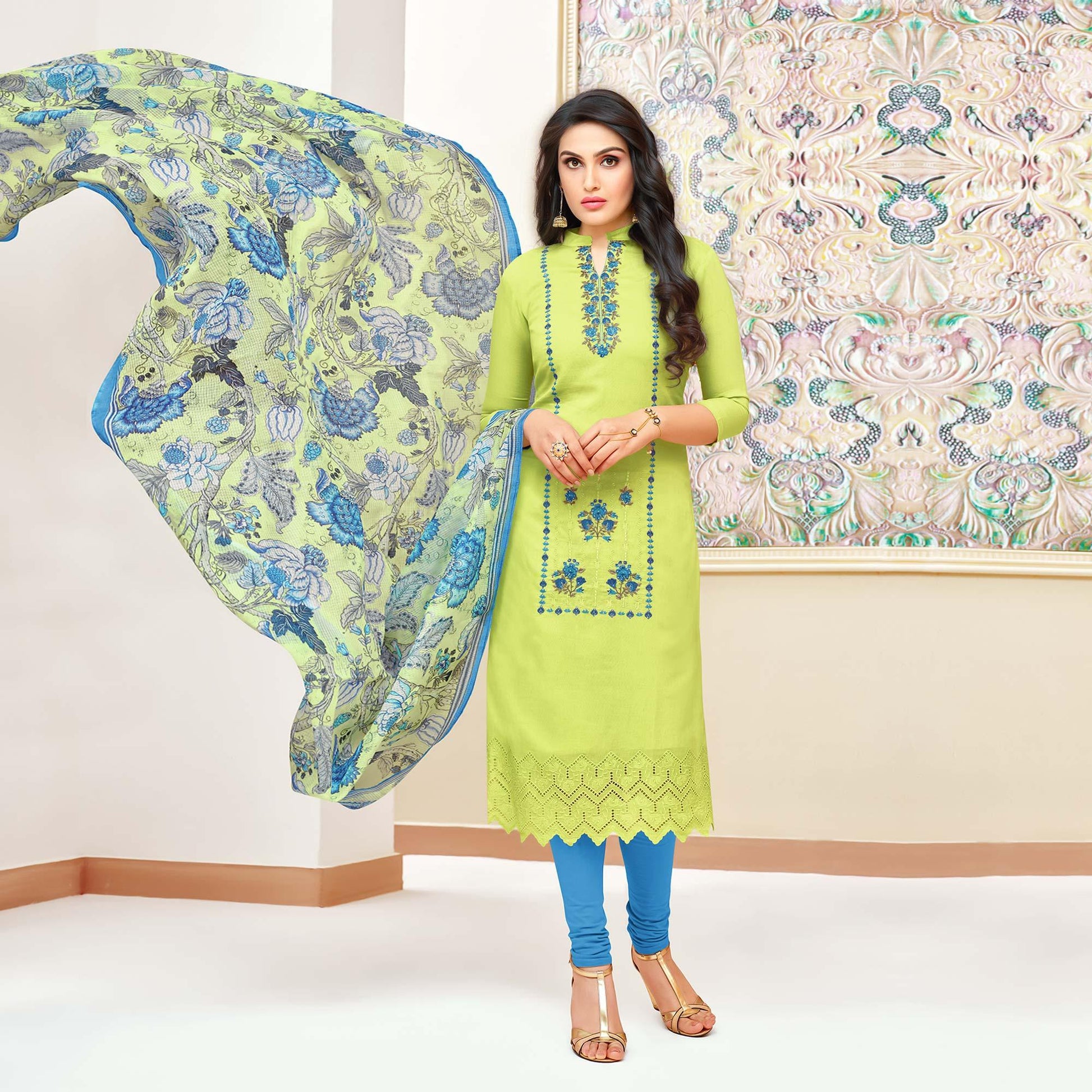 Hypnotic Green Colored Partywear Embroidered Modal Silk Suit