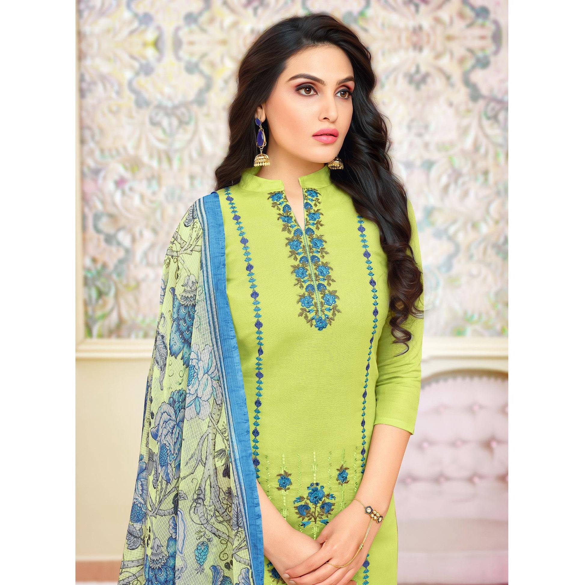 Hypnotic Green Colored Partywear Embroidered Modal Silk Suit