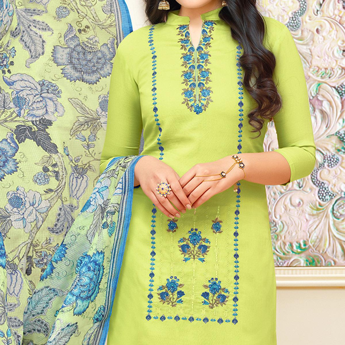 Hypnotic Green Colored Partywear Embroidered Modal Silk Suit