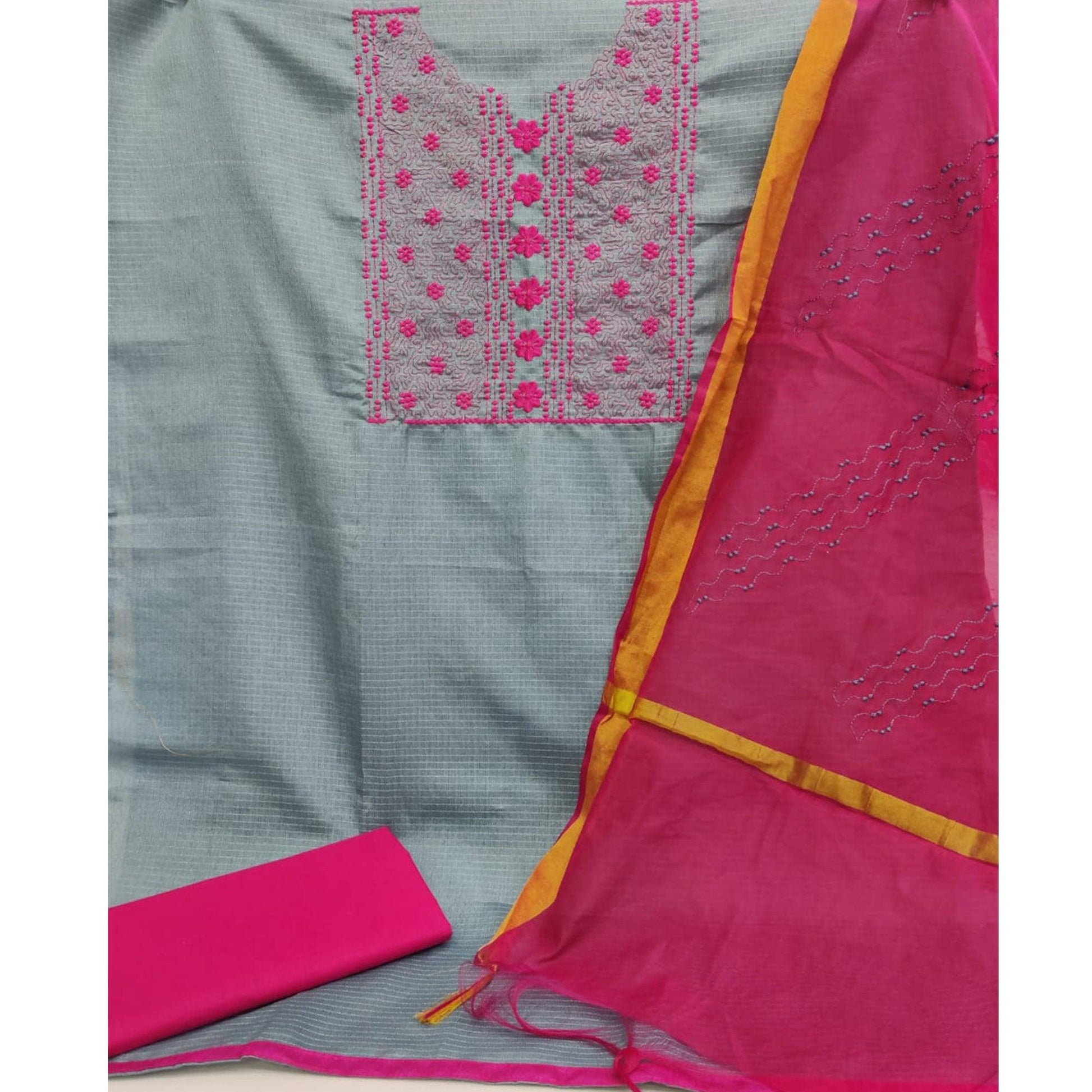 Hypnotic Grey Colored Festive Wear Embroidered Manipri Cotton Dress Material