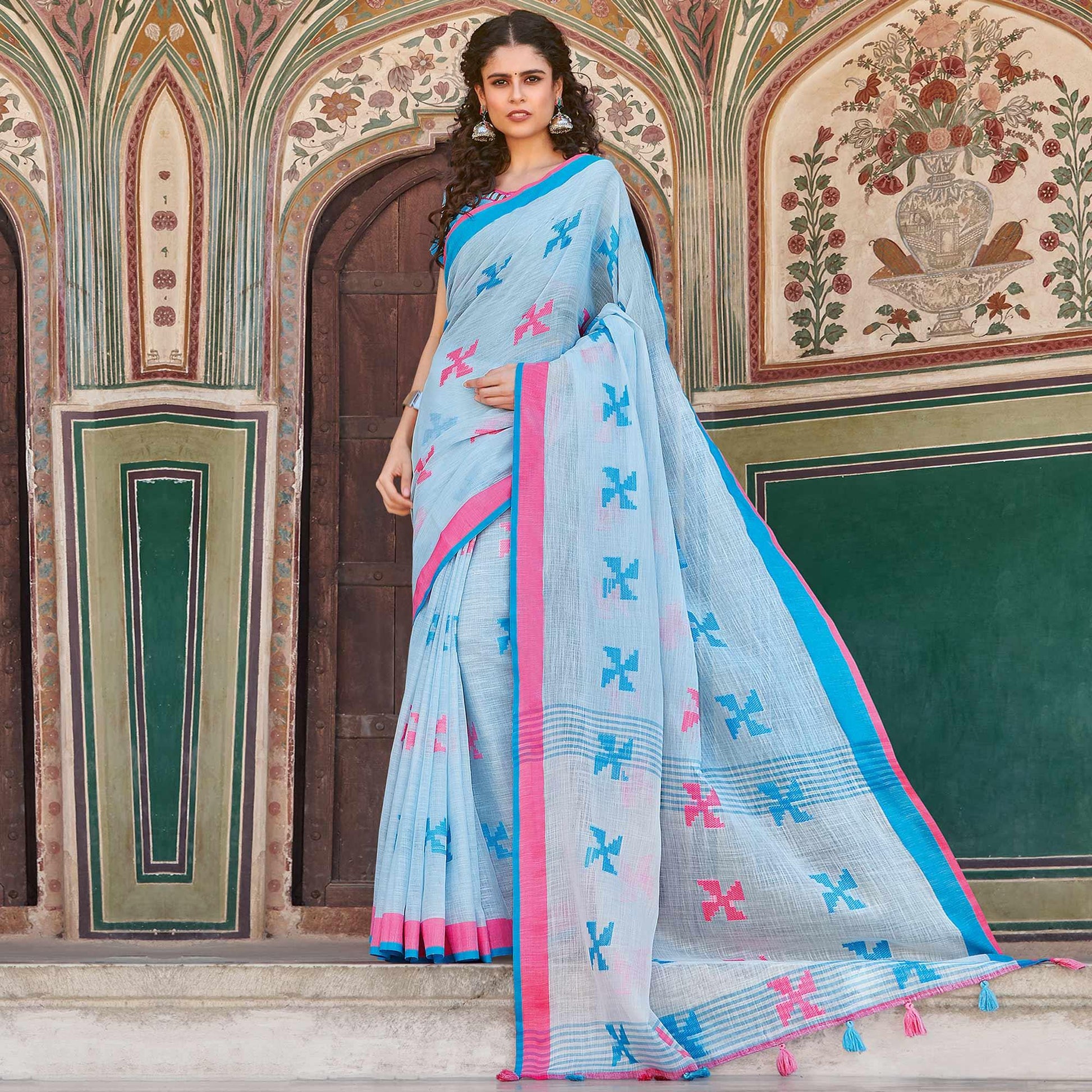 Hypnotic Light Blue Colored Casual Printed Linen Cotton Saree With Tassels