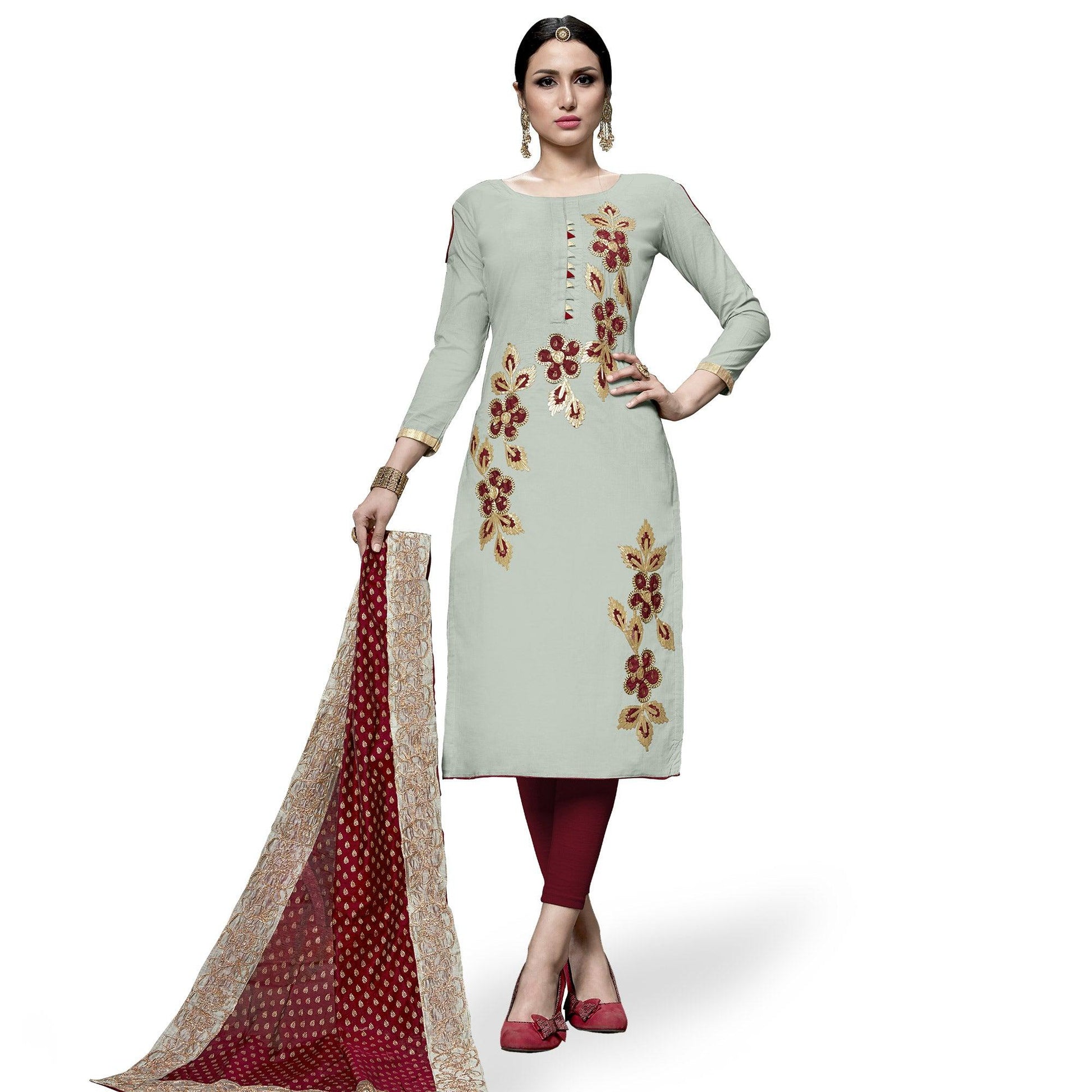 Hypnotic Light Green Colored Partywear Embroidered Cotton Dress Material