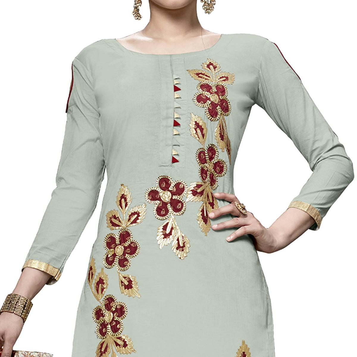 Hypnotic Light Green Colored Partywear Embroidered Cotton Dress Material
