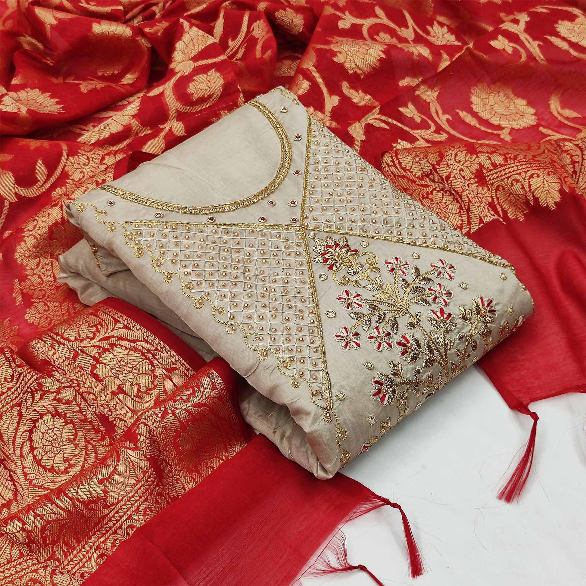 Hypnotic Light Grey Colored Festive Wear Embroidered Modal Chanderi Dress Material