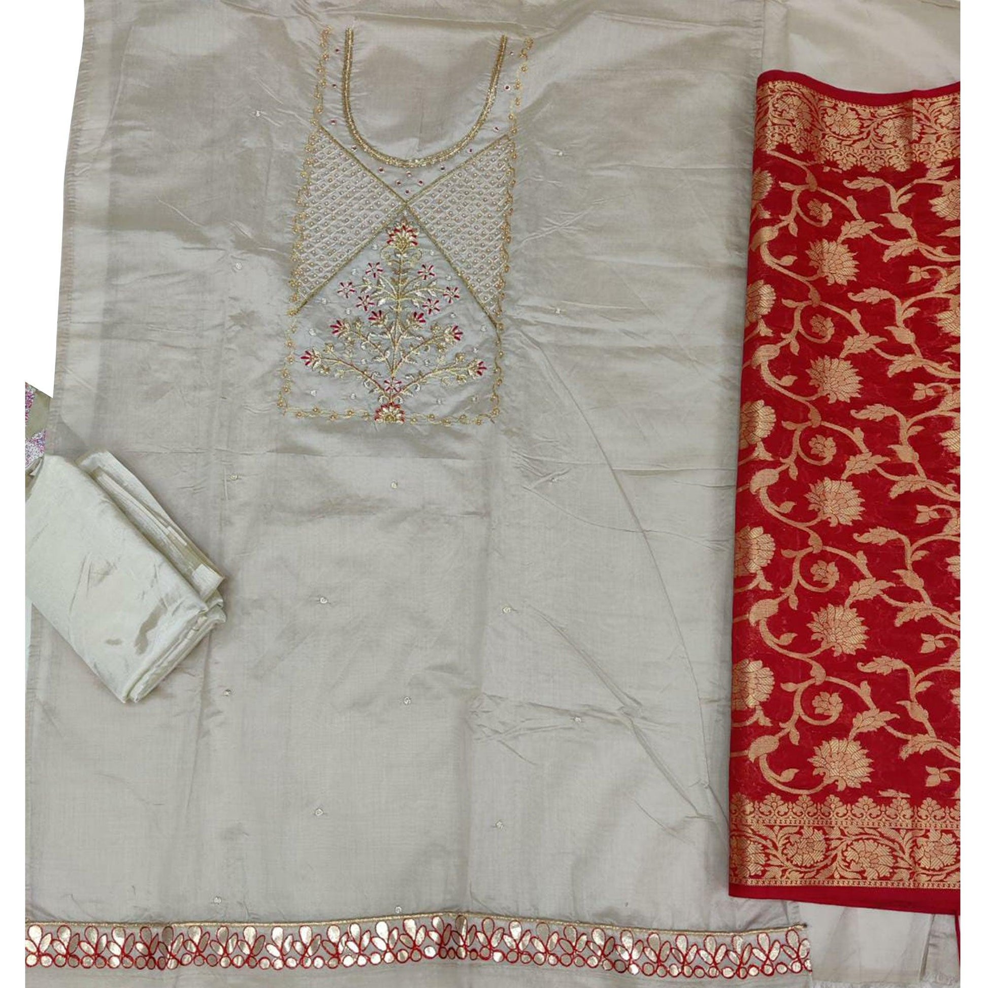 Hypnotic Light Grey Colored Festive Wear Embroidered Modal Chanderi Dress Material