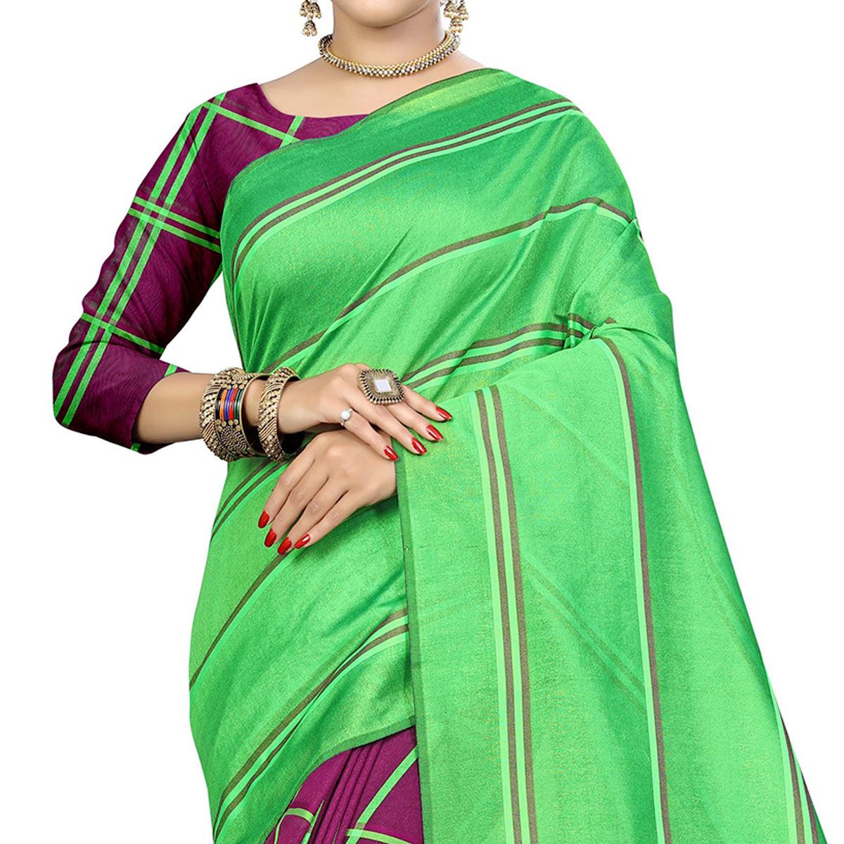Hypnotic Magenta Pink-Green Colored Casual Printed Cotton Silk Saree