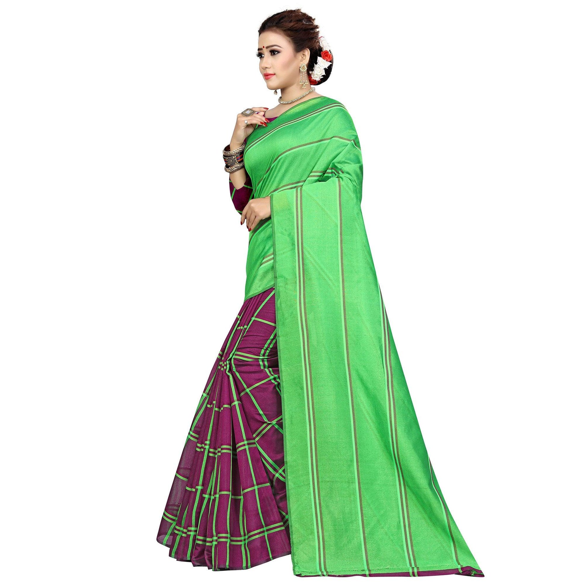 Hypnotic Magenta Pink-Green Colored Casual Printed Cotton Silk Saree