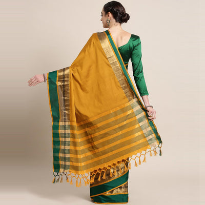 Hypnotic Mustard Colored Festive Wear Woven Cotton Silk Saree