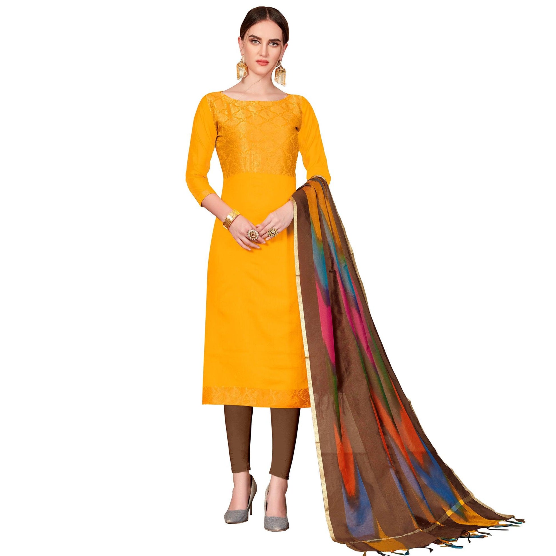 Hypnotic Mustard Yellow Colored Casual Wear Woven Banarasi Silk Dress Material