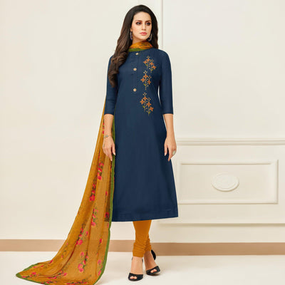Hypnotic Navy Blue Colored Casual Wear Printed Chanderi Dress Material