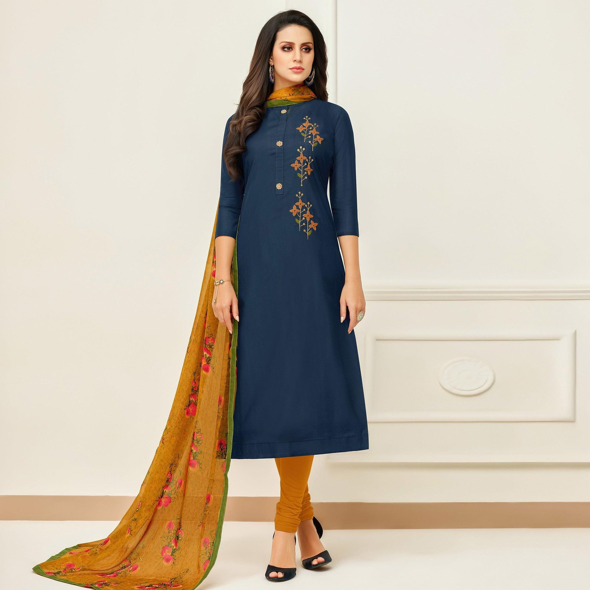 Hypnotic Navy Blue Colored Casual Wear Printed Chanderi Dress Material