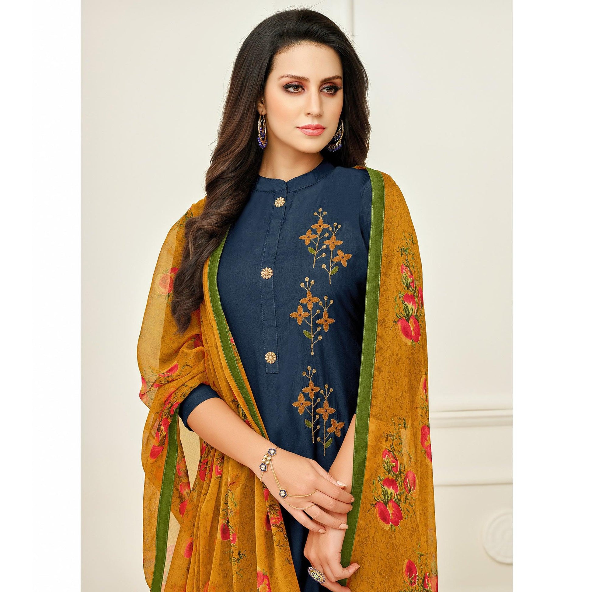 Hypnotic Navy Blue Colored Casual Wear Printed Chanderi Dress Material