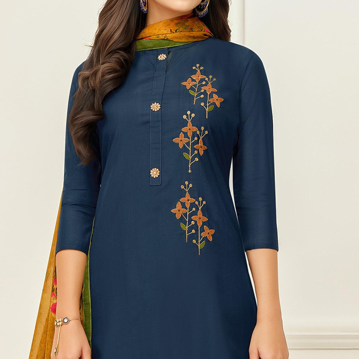 Hypnotic Navy Blue Colored Casual Wear Printed Chanderi Dress Material