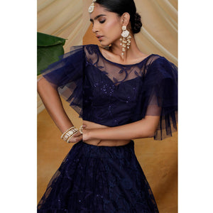Hypnotic Navy Blue Colored Designer Partywear Embroidered Net Lehenga Choli