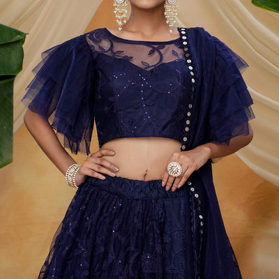 Hypnotic Navy Blue Colored Designer Partywear Embroidered Net Lehenga Choli