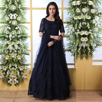 Hypnotic Navy Blue Colored Party Wear Embroidered Net Gown With Dupatta