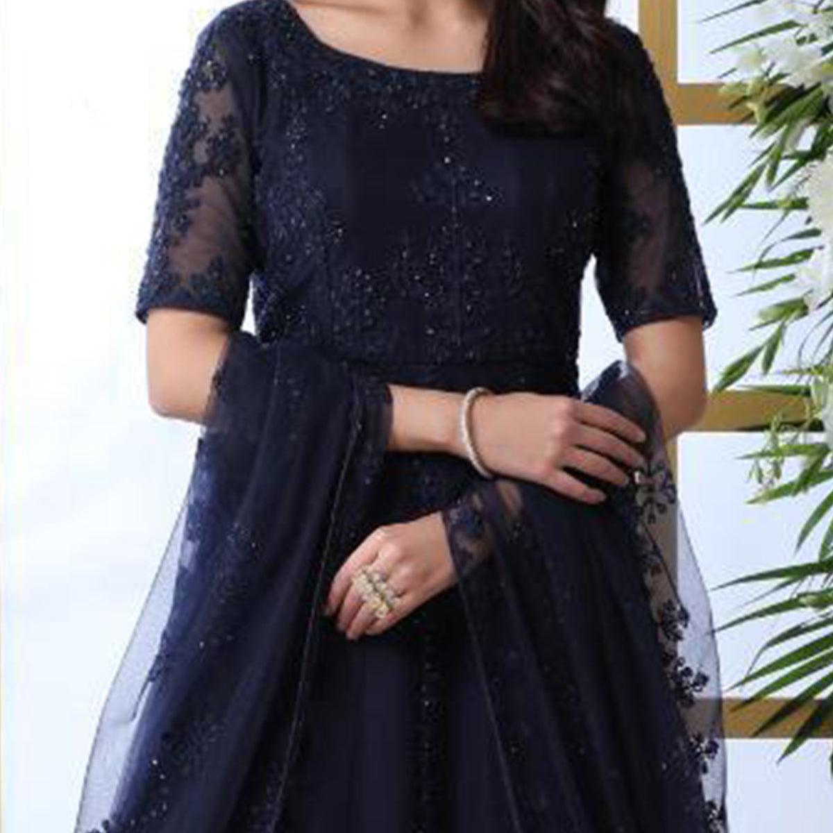 Hypnotic Navy Blue Colored Party Wear Embroidered Net Gown With Dupatta