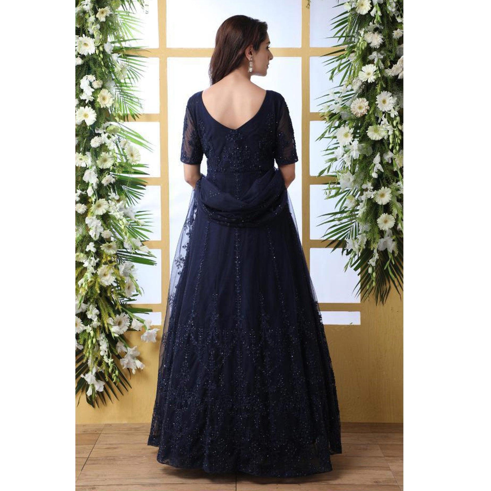 Hypnotic Navy Blue Colored Party Wear Embroidered Net Gown With Dupatta