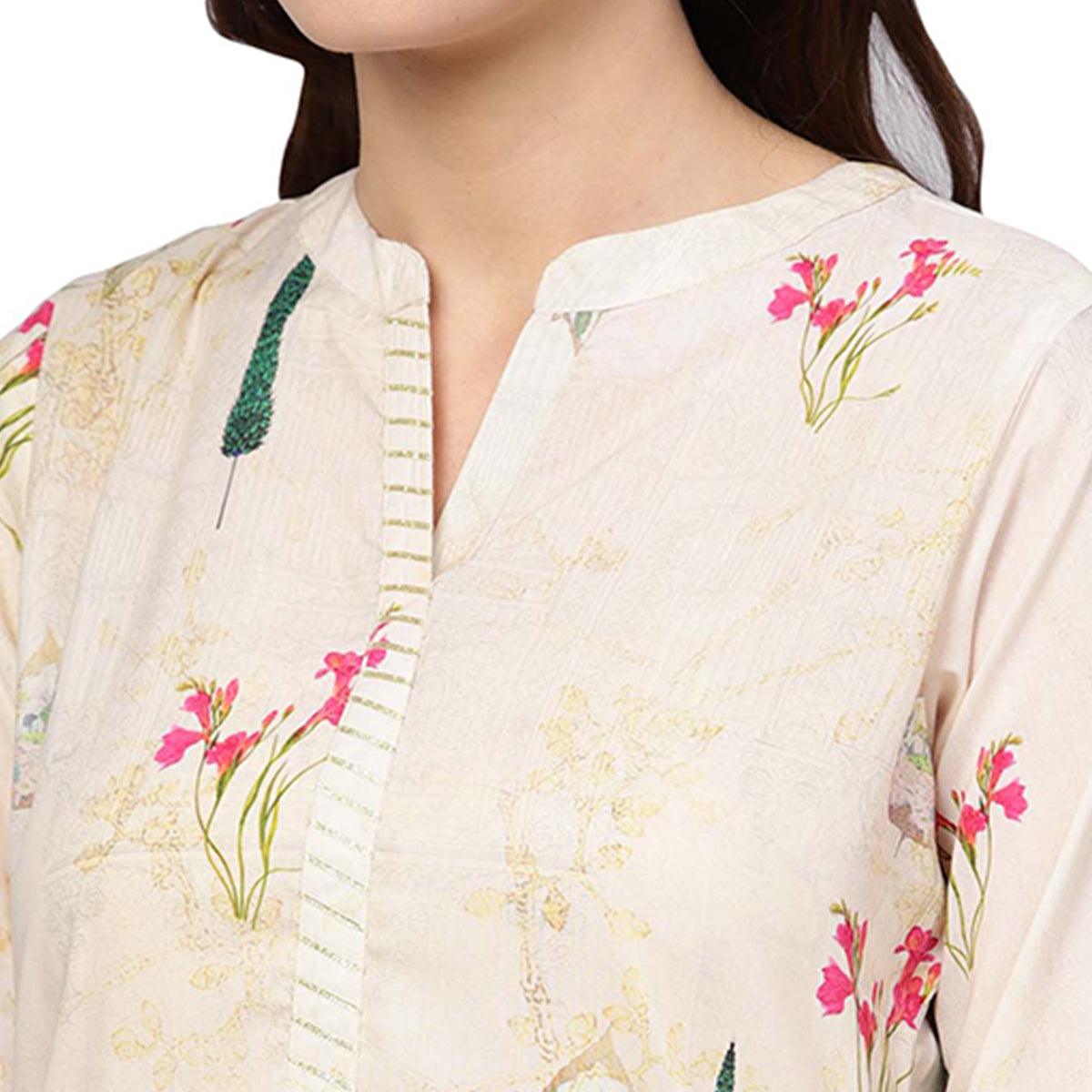 Hypnotic Off White Colored Casual Wear Printed Muslin Cotton Kurti