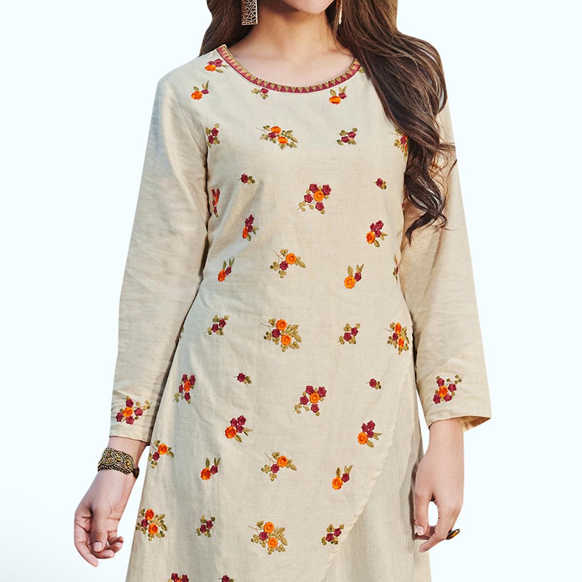Hypnotic Off White Colored Partywear Embroidered Rayon Kurti