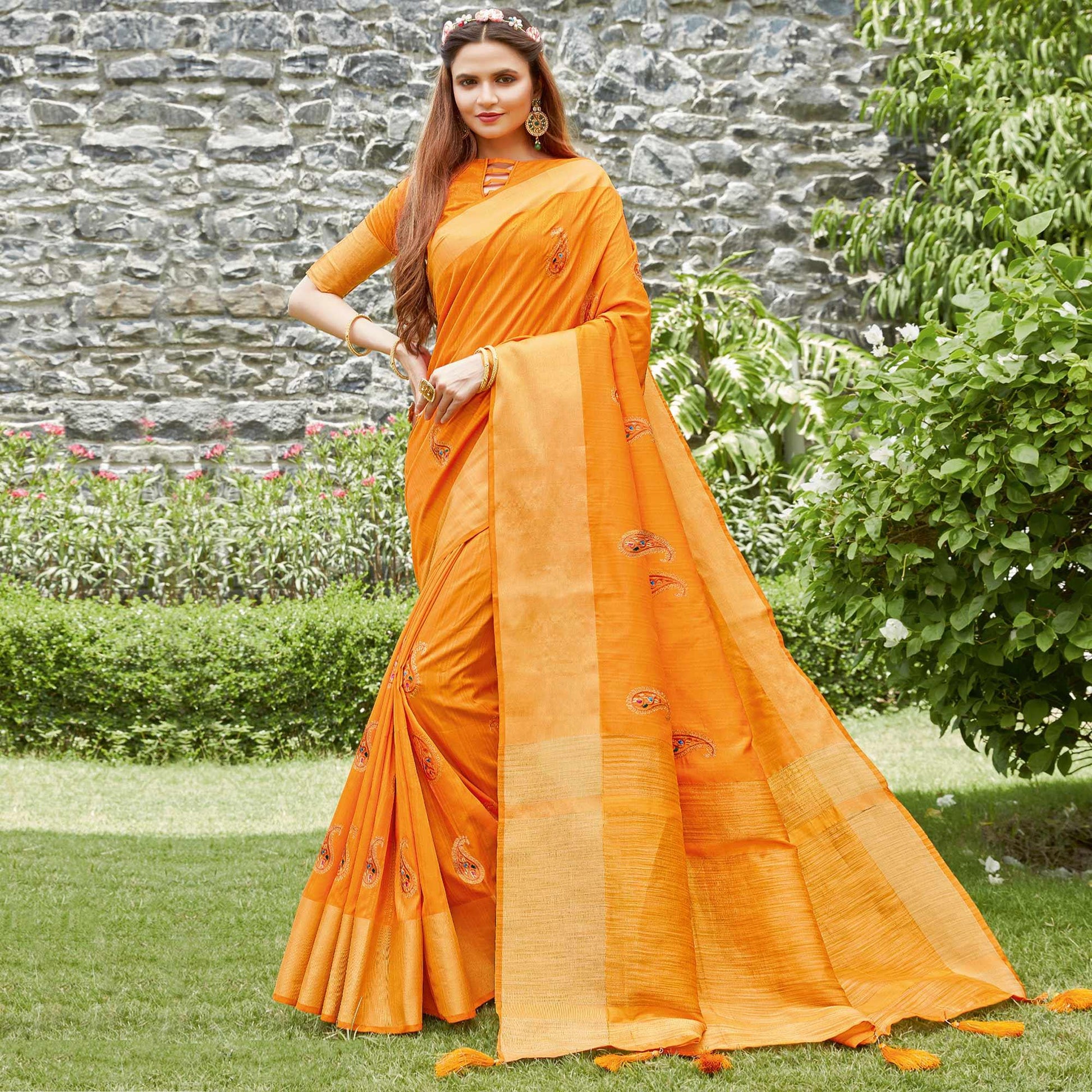 Hypnotic Orange Colored Festive Wear Woven Handloom Silk Saree