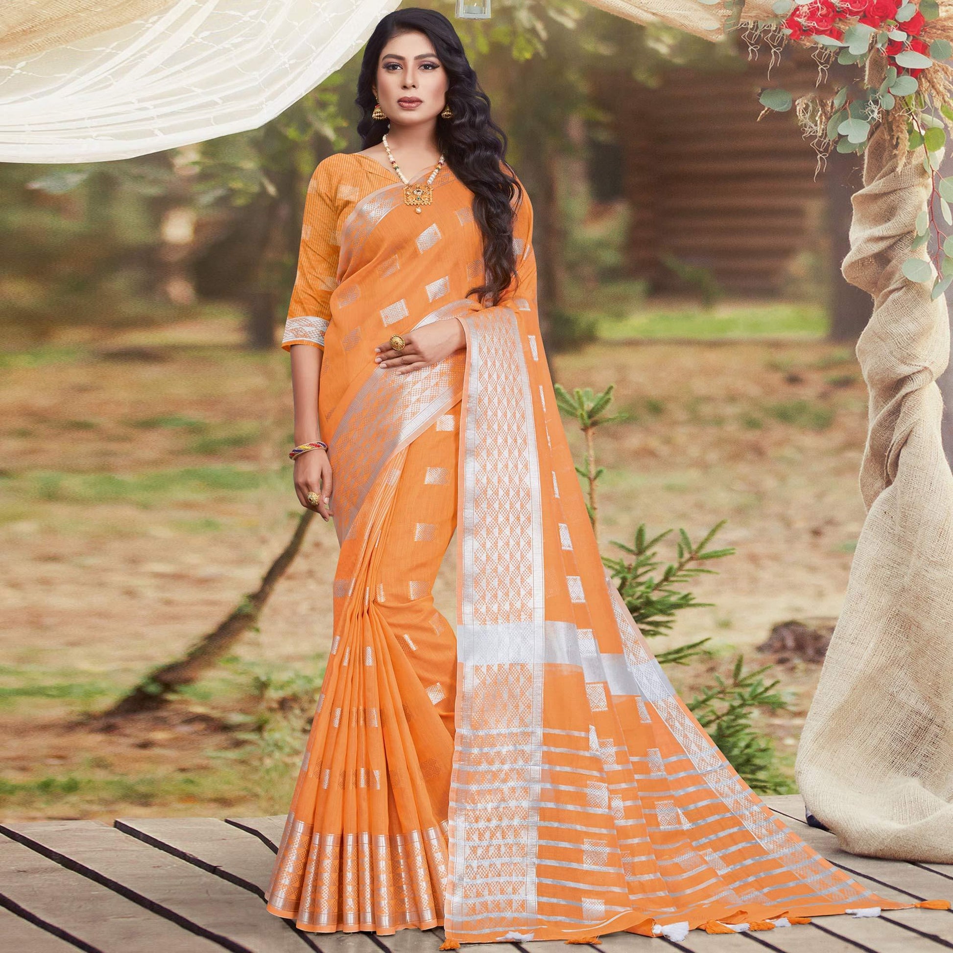 Hypnotic Orange Coloured Partywear Woven Linen Cotton Saree