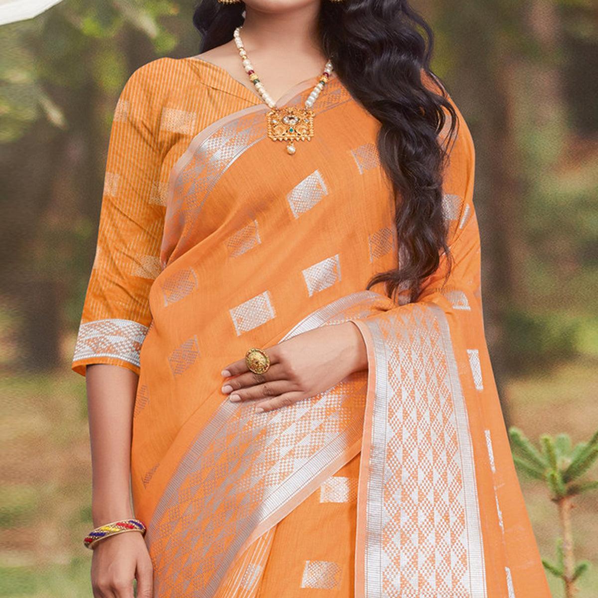 Hypnotic Orange Coloured Partywear Woven Linen Cotton Saree