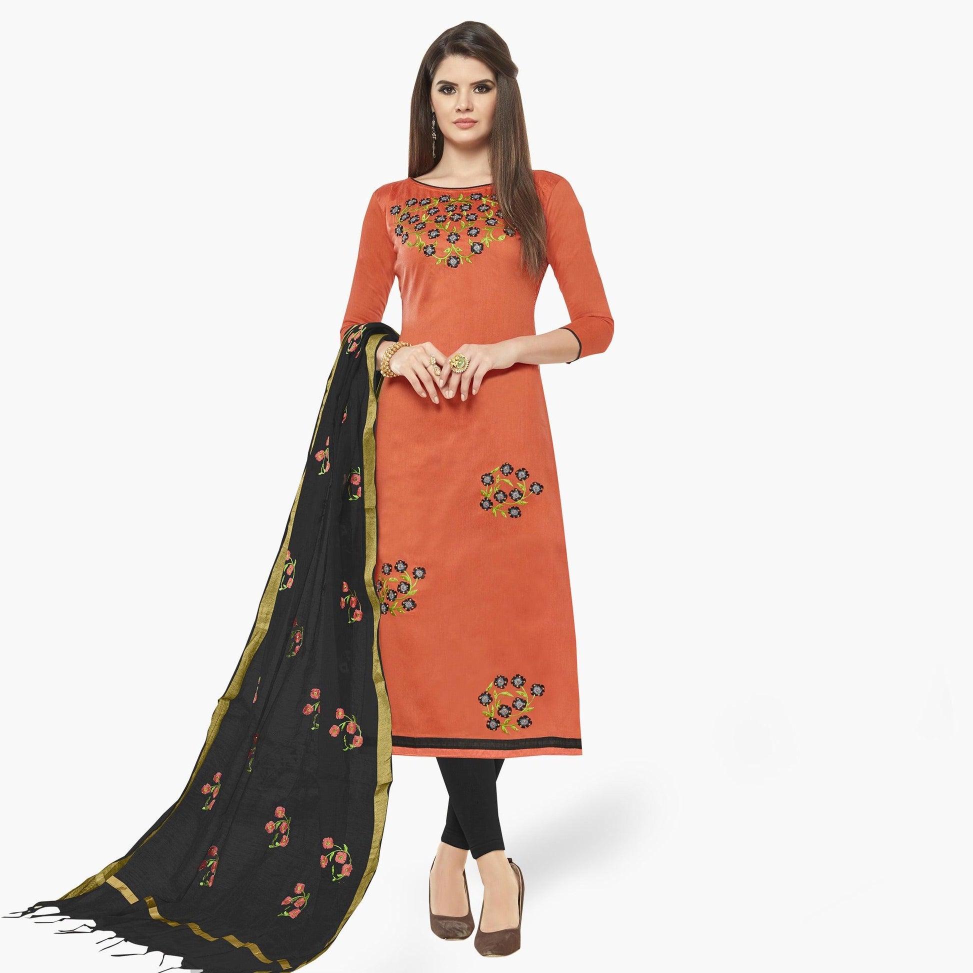 Hypnotic Peach Colored Casual Wear Embroidered Cotton Dress Material