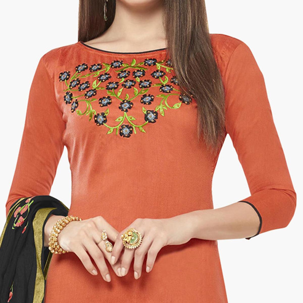 Hypnotic Peach Colored Casual Wear Embroidered Cotton Dress Material