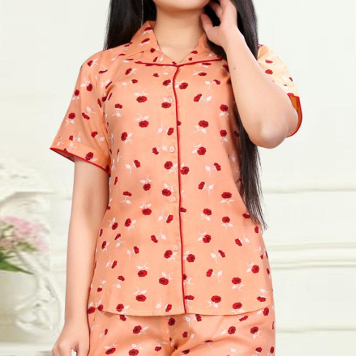 Hypnotic Peach Colored Printed Cotton Rayon Night Suit