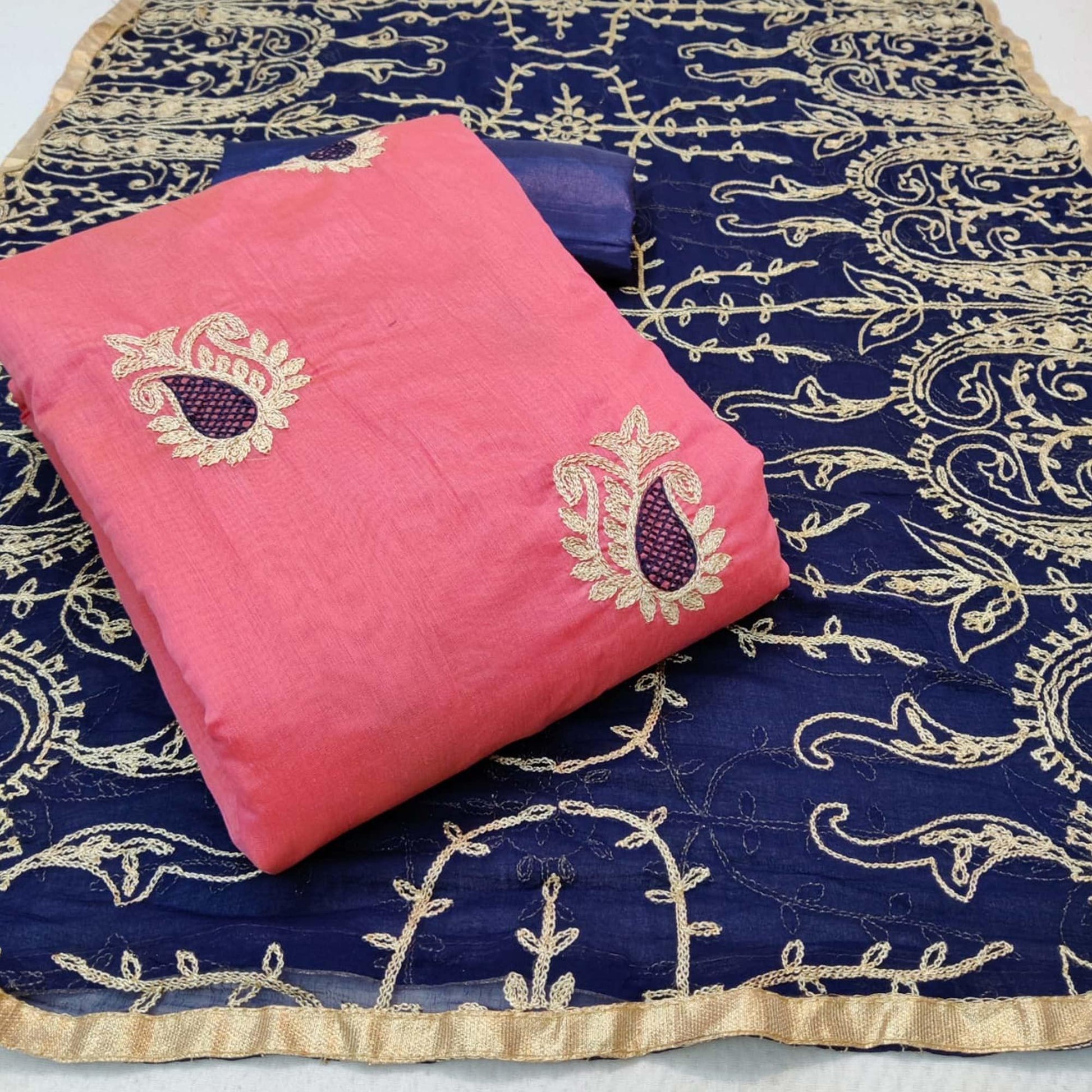 Hypnotic Pink Colored Casual Wear Embroidered Chanderi Dress Material