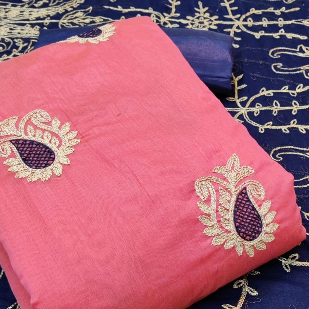 Hypnotic Pink Colored Casual Wear Embroidered Chanderi Dress Material