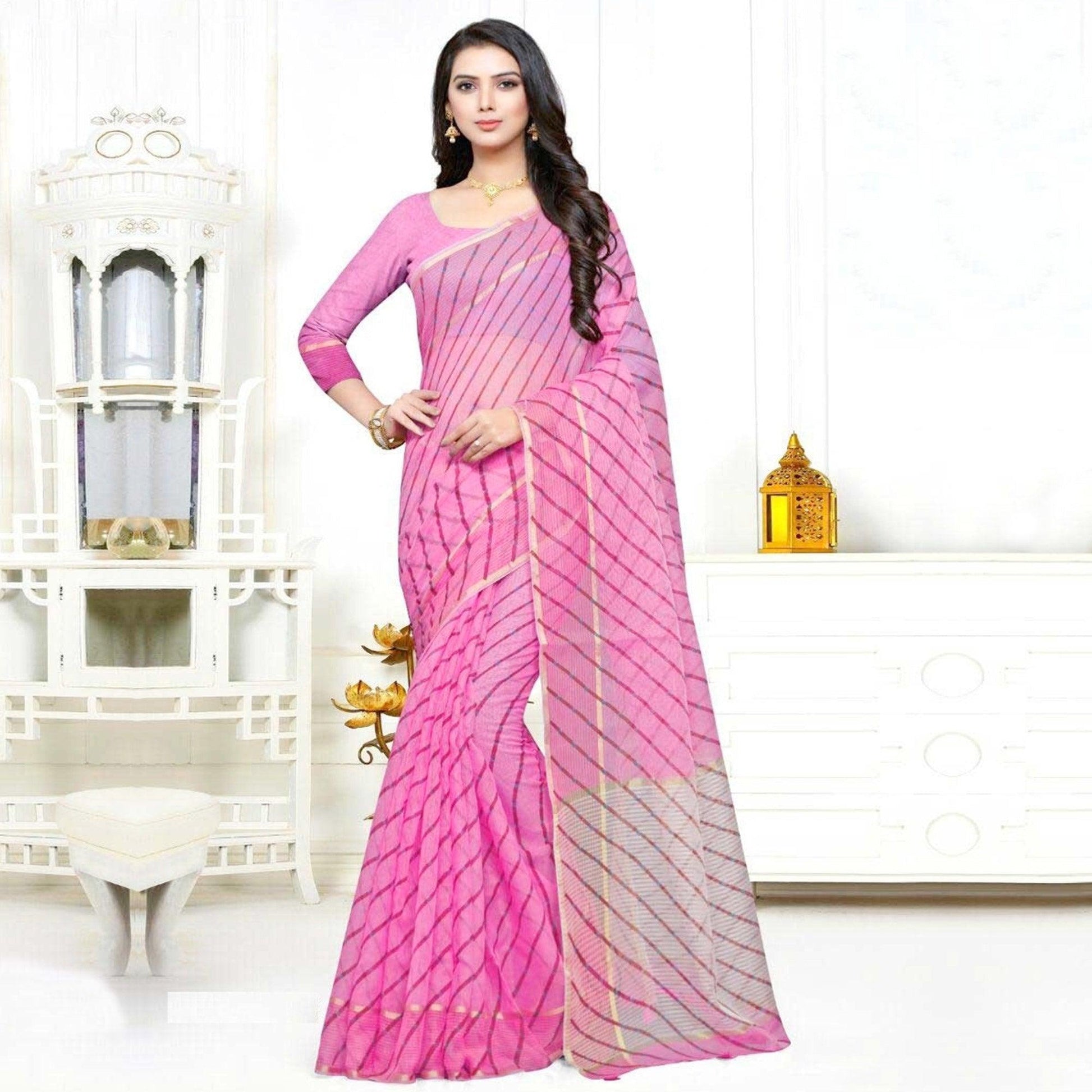 Hypnotic Pink Colored Casual Wear Stripe Printed Kota Doria Cotton Saree With Tassels