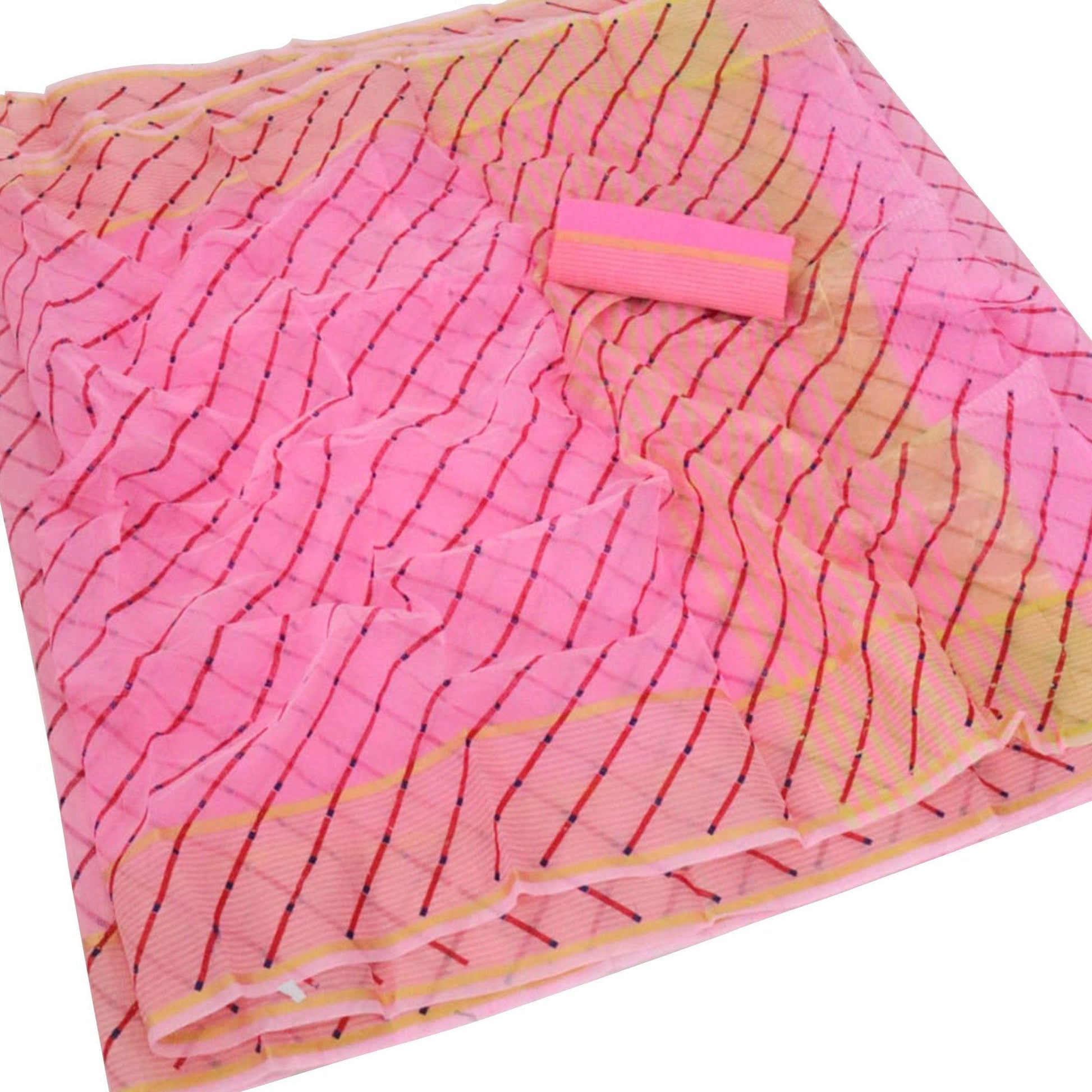Hypnotic Pink Colored Casual Wear Stripe Printed Kota Doria Cotton Saree With Tassels