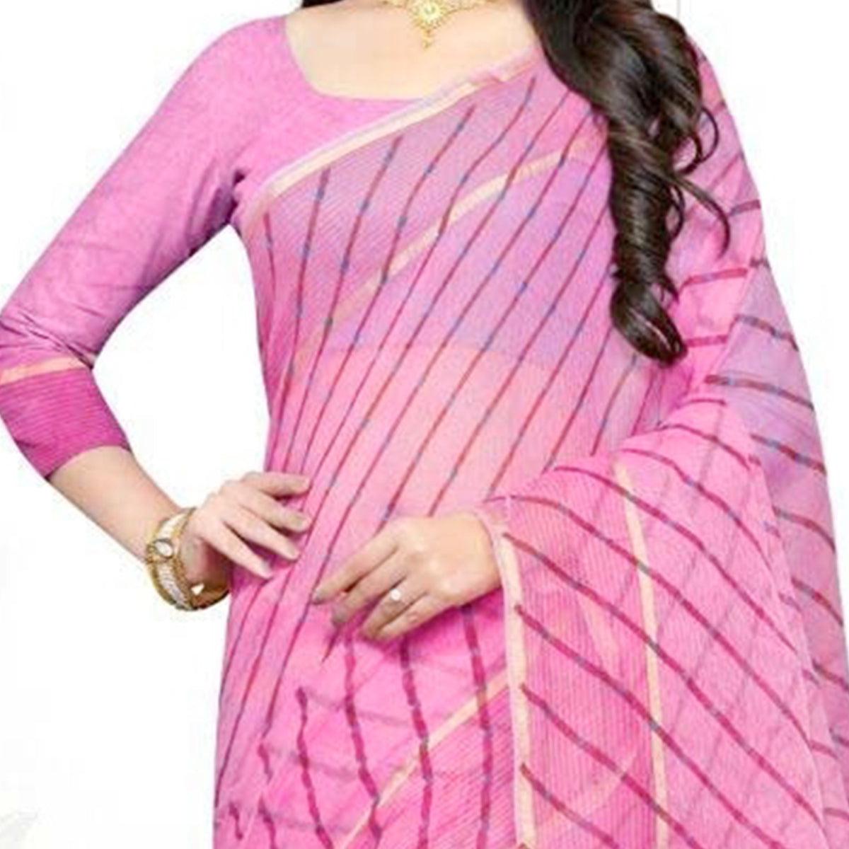 Hypnotic Pink Colored Casual Wear Stripe Printed Kota Doria Cotton Saree With Tassels