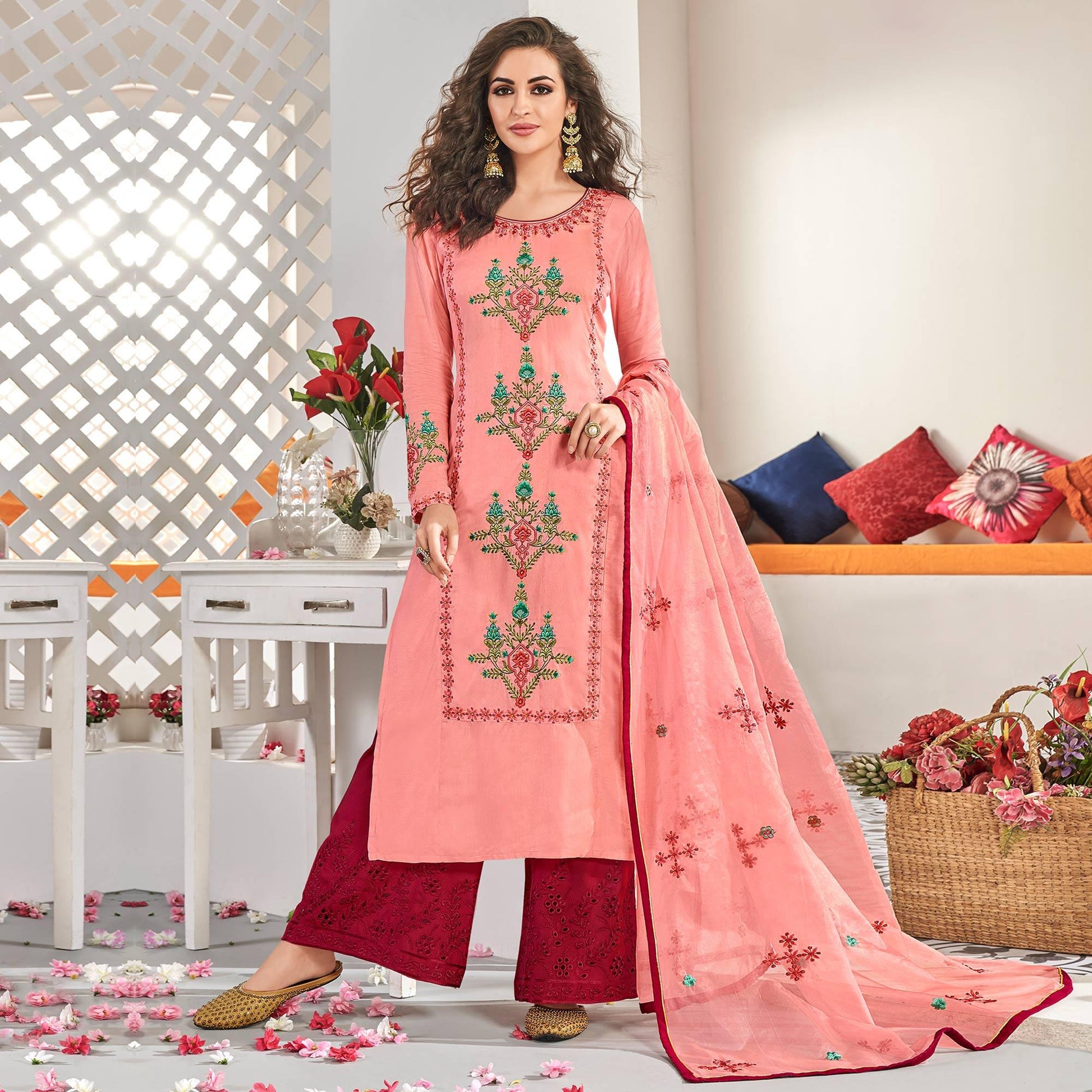 Hypnotic Pink Colored Partywear Floral Embroidered Cotton Kurti-Palazzo Set With Dupatta