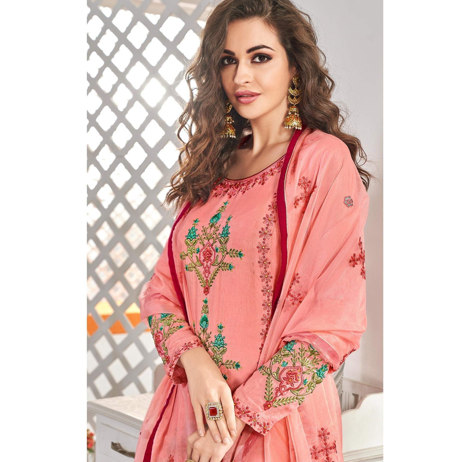 Hypnotic Pink Colored Partywear Floral Embroidered Cotton Kurti-Palazzo Set With Dupatta