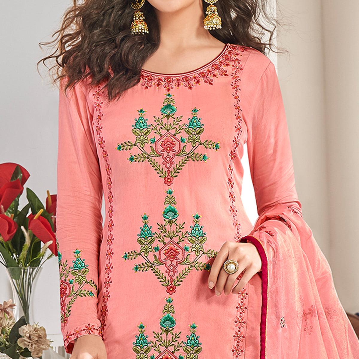 Hypnotic Pink Colored Partywear Floral Embroidered Cotton Kurti-Palazzo Set With Dupatta